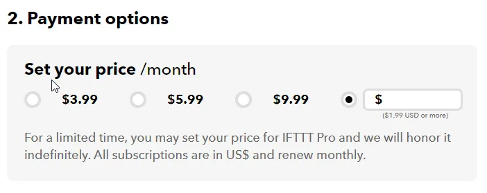 IFTTT Pro Abonnement-Zahlungsoptionen