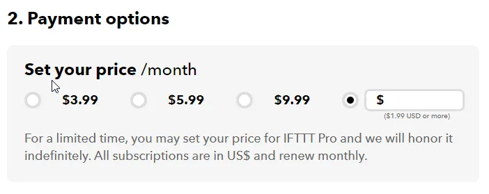 IFTTT Pro Abonnement Zahlungsoptionen