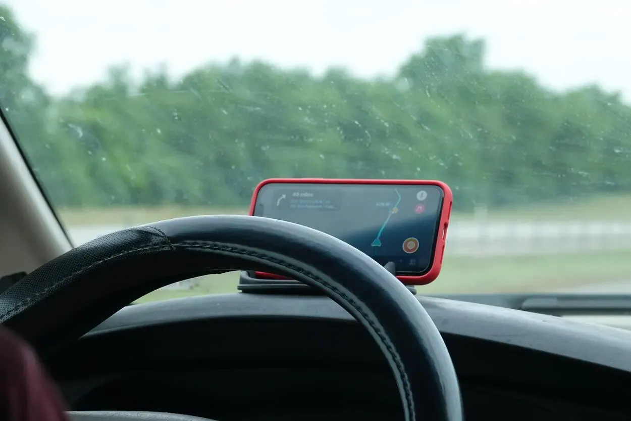App for directions in front of the steering wheel.