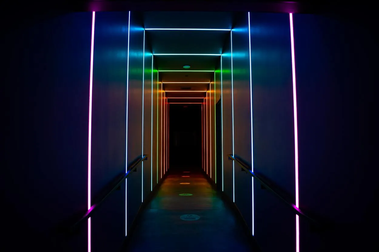 multi colored LEDs in a hallway